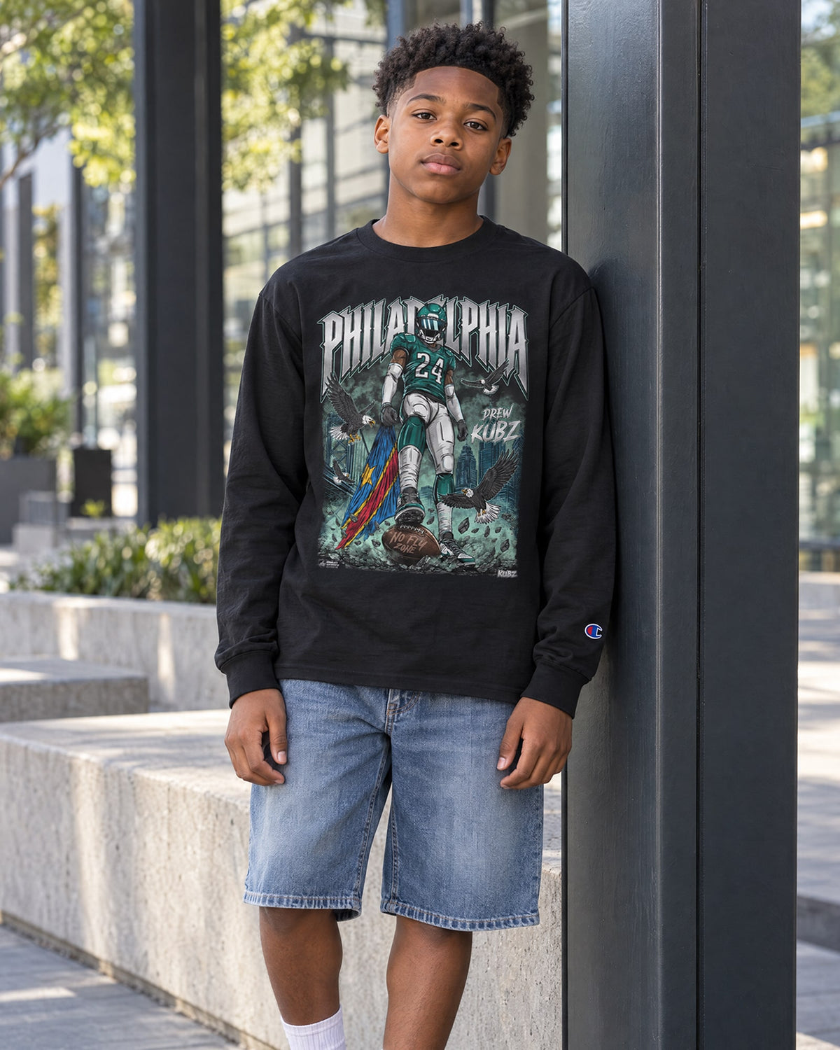 Kid wearing Mukuba x Philly Sports Shirts No Fly Zone Long Sleeve Shirt