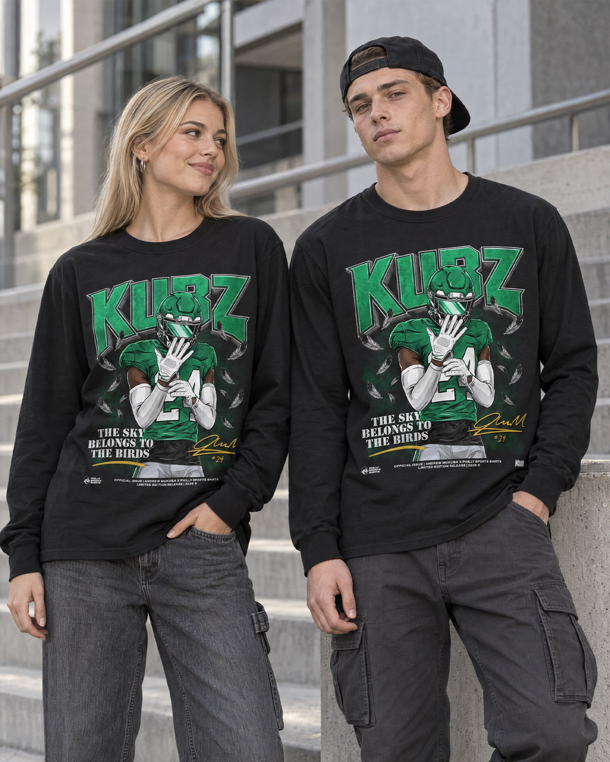 Models wearing Andrew Mukuba x Philly Sports Shirts Eagles Long Sleeves