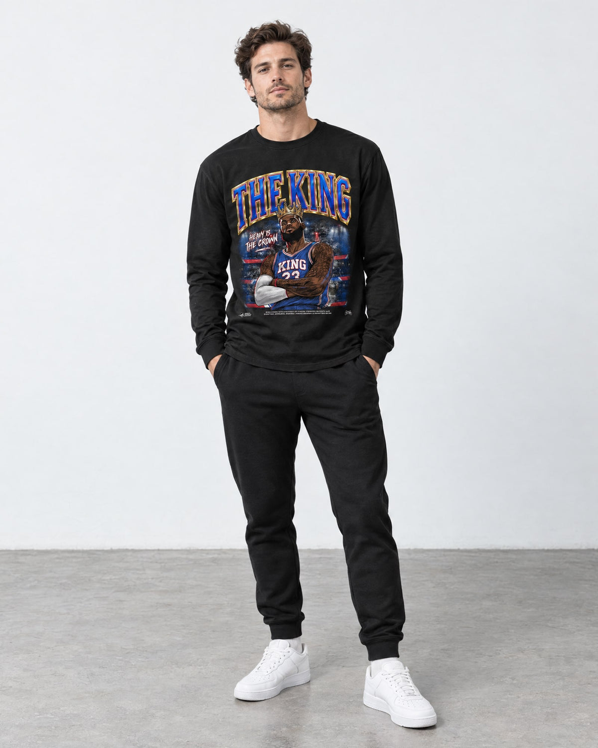 Model wearing the lebron james the king long sleeve shirt by Philly Sports Shirts