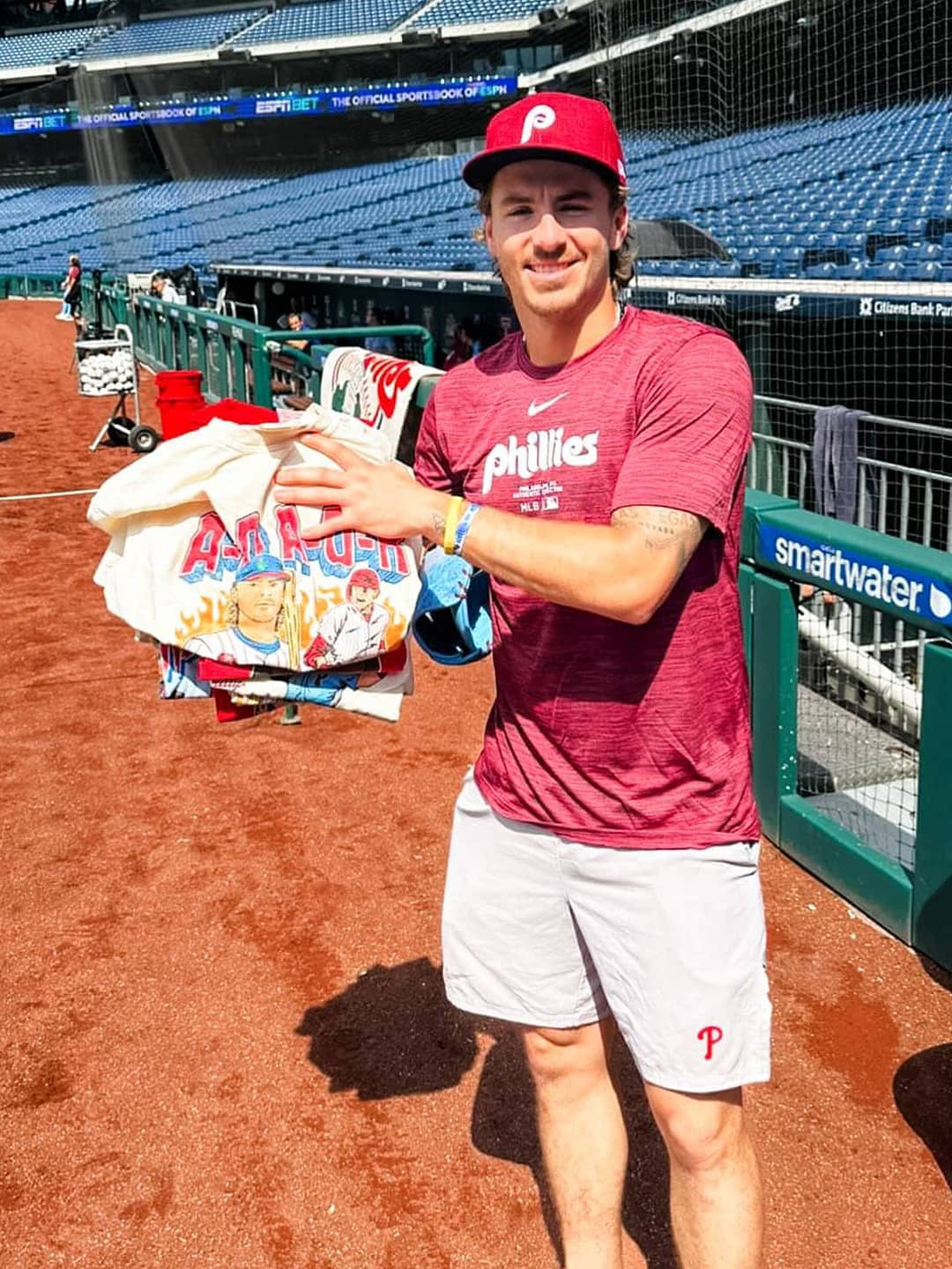 Phillies Bryson Stott Showing Philly Sports Shirts baseball apparel before game
