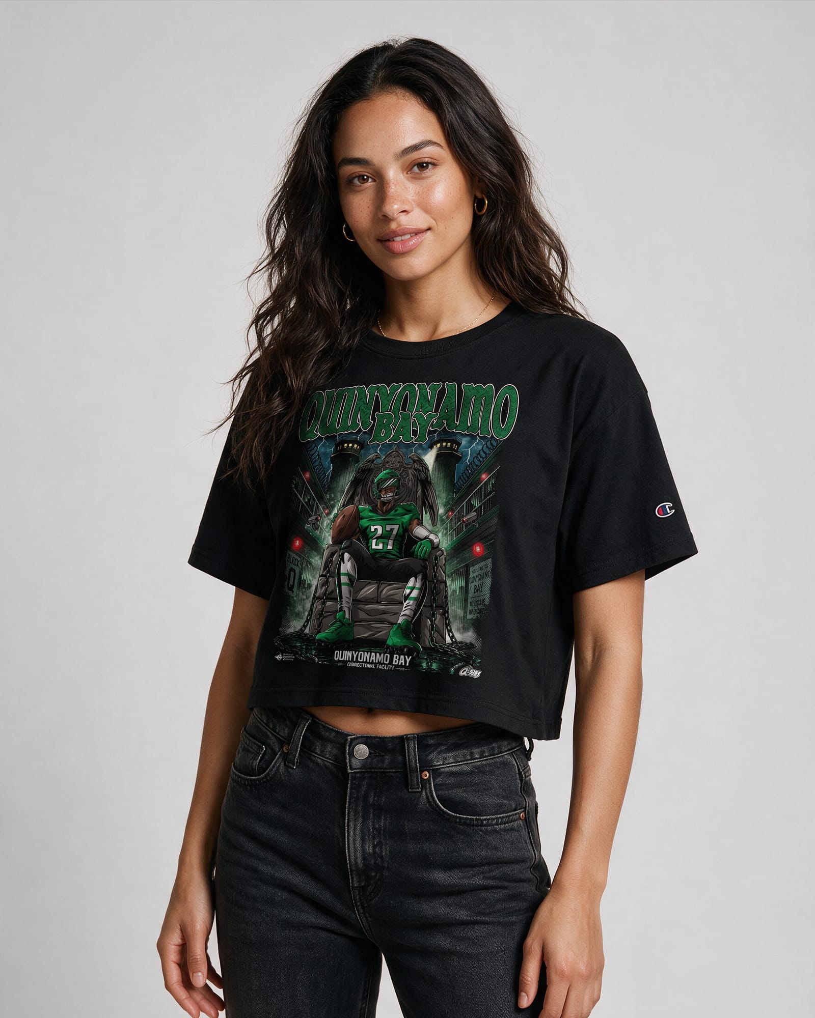 Women's Quinyonamo Bay Crop T-Shirt in Black being modeled.