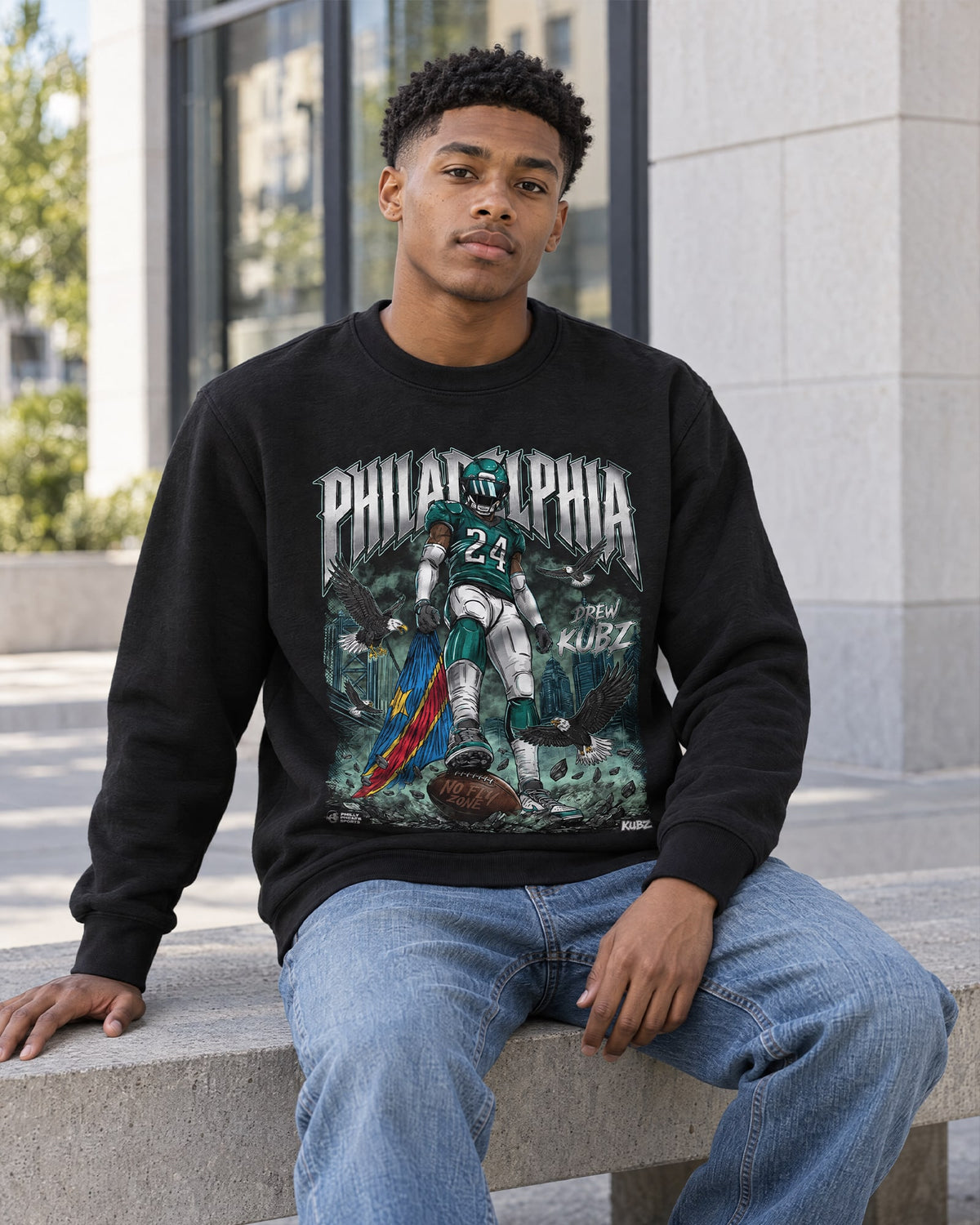Model wearing Kubz No Fly Zone Crewneck Sweatshirt by Philly Sports Shirts