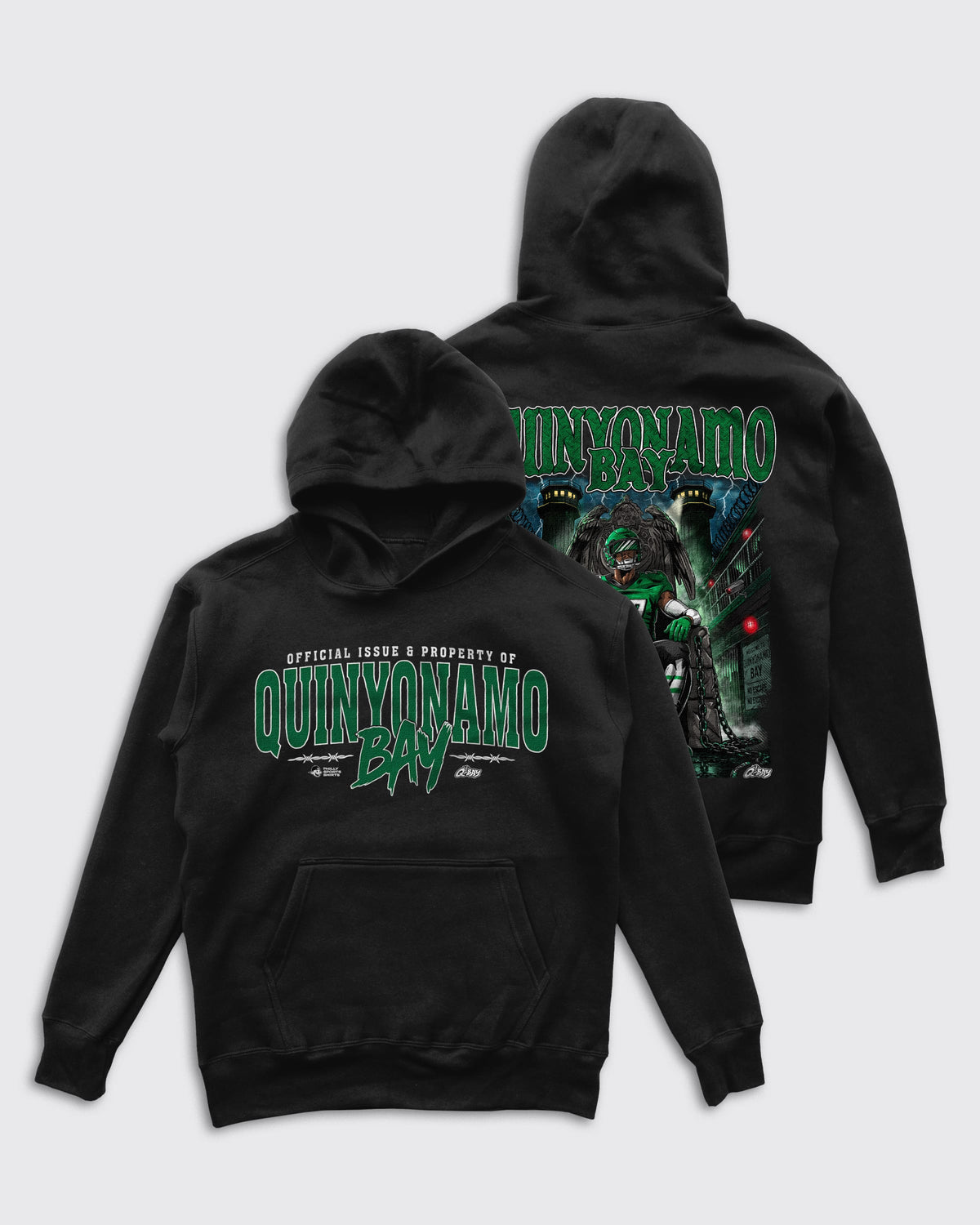 Quinyonamo Bay Hoodie by Philly Sports Shirts. View showing both front and back designs on the hoodie.