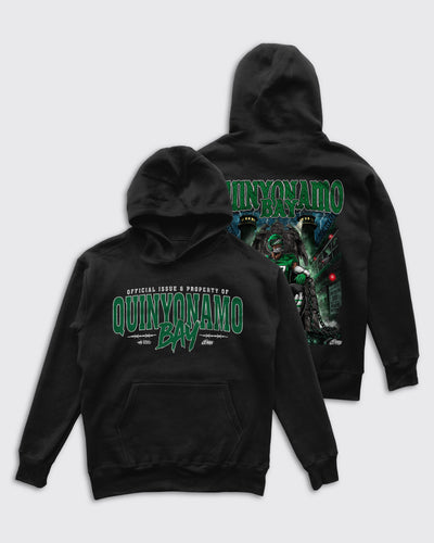 Quinyonamo Bay Hoodie by Philly Sports Shirts. View showing both front and back designs on the hoodie.