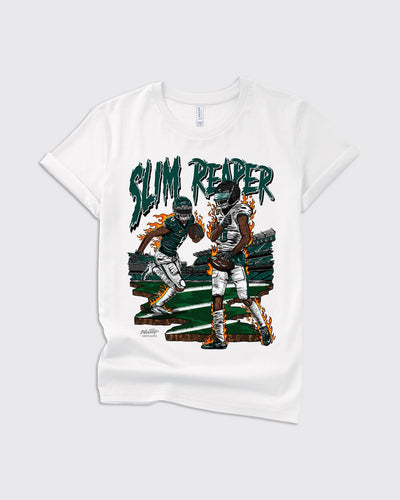 Kids Eagles Slim Reaper DeVonta Smith Shirt in White by Philly Sports Shirts