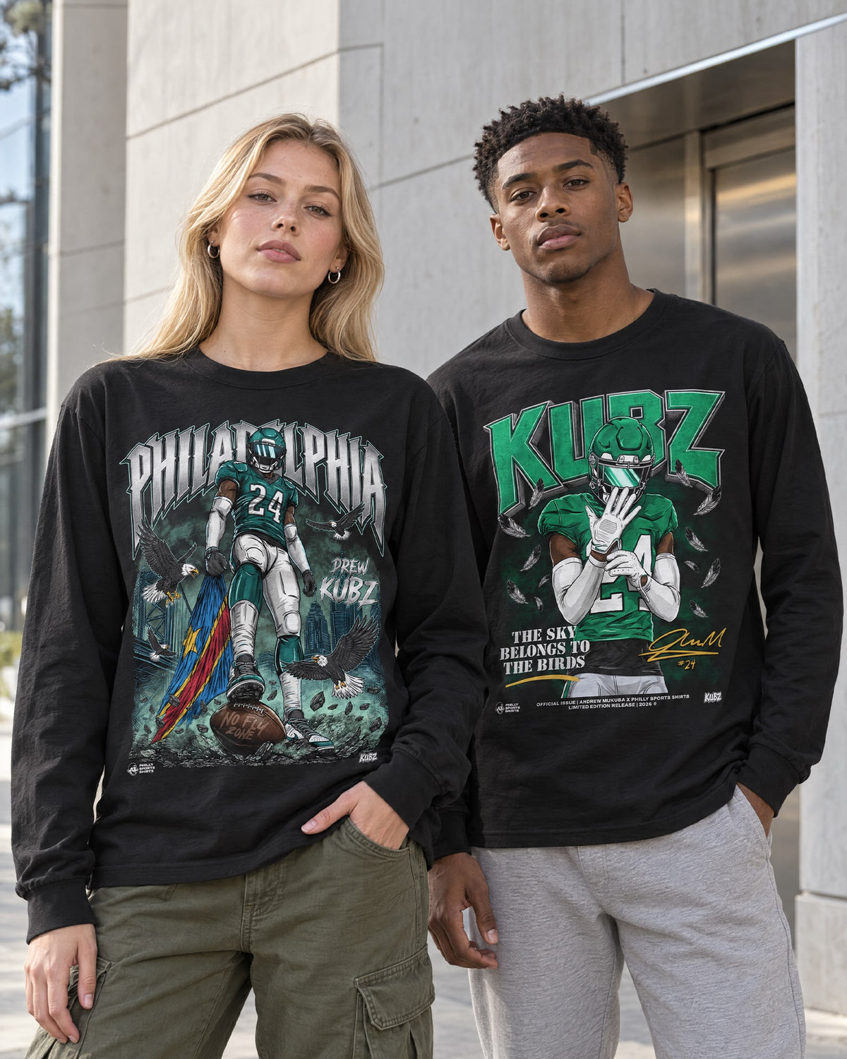 Models wearing Andrew Mukuba x Philly Sports Shirts Long Sleeve Shirts
