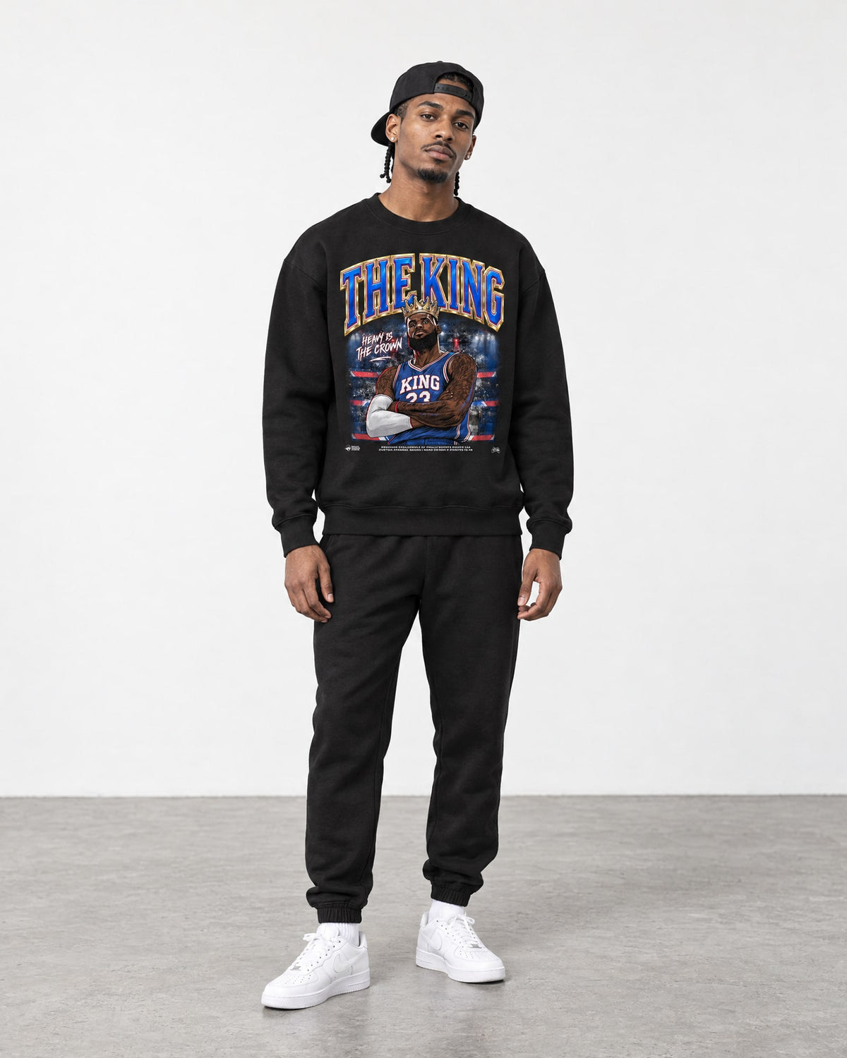 Male model wearing the king lebron james crewneck sweatshirt by Philly Sports Shirts