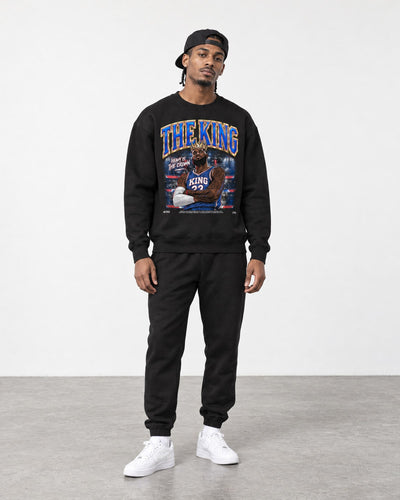 Male model wearing the king lebron james crewneck sweatshirt by Philly Sports Shirts
