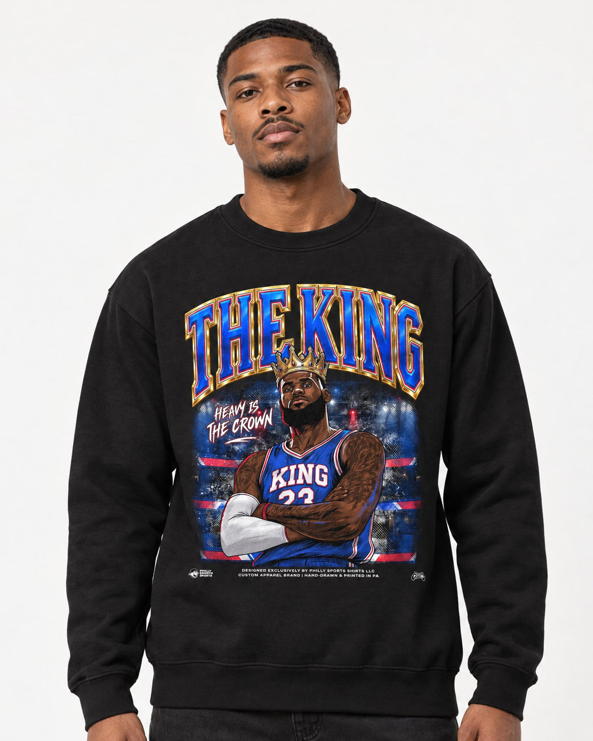 Male model wearing the king lebron james crewneck sweatshirt by Philly Sports Shirts