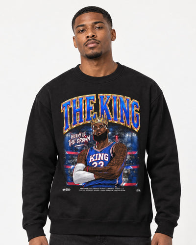Male model wearing the king lebron james crewneck sweatshirt by Philly Sports Shirts