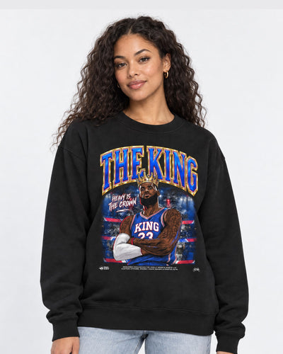 Female model wearing the king lebron james crewneck sweatshirt by Philly Sports Shirts