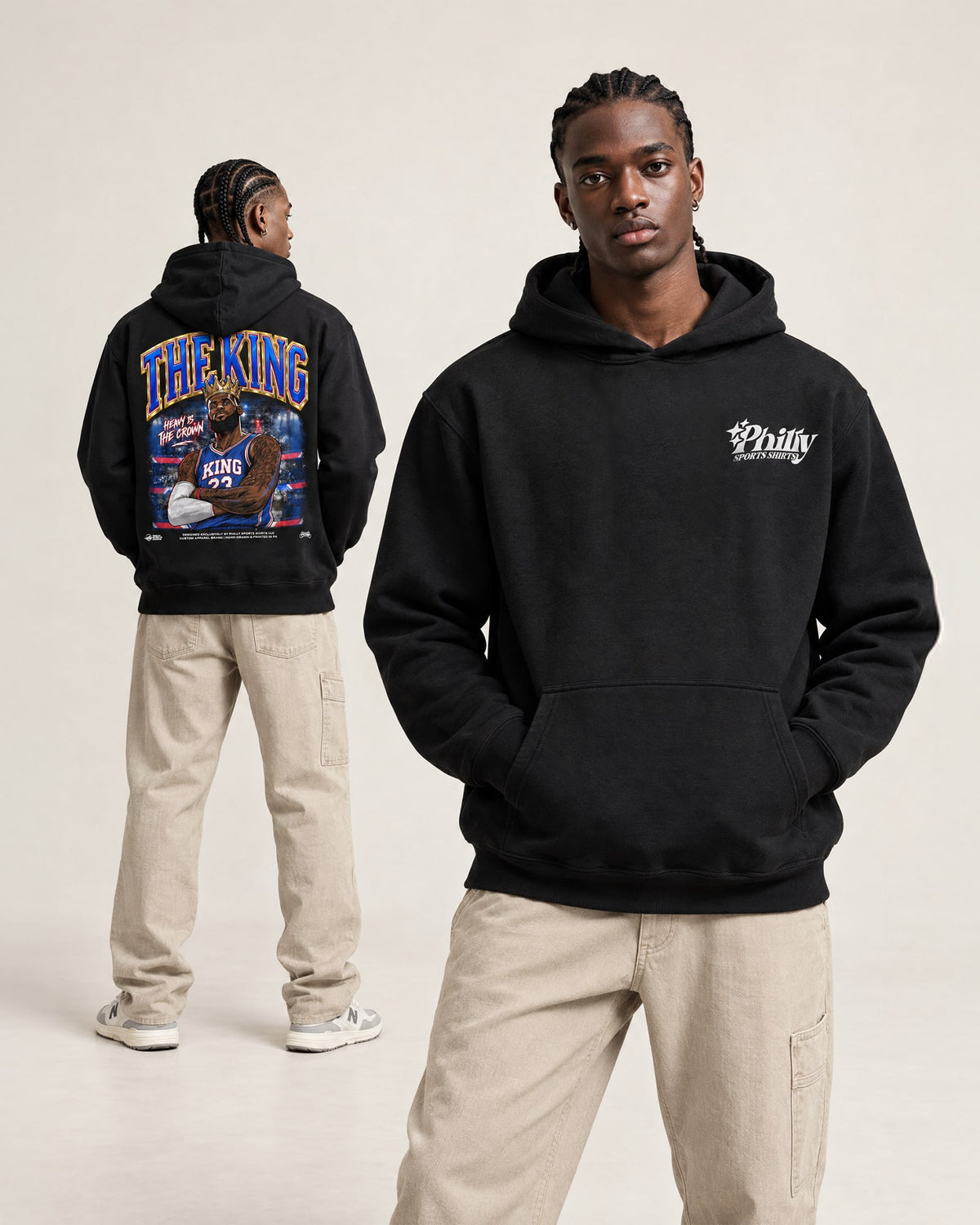 Male model wearing The King Lebron James hoodie showing the front and back view of the hoodie