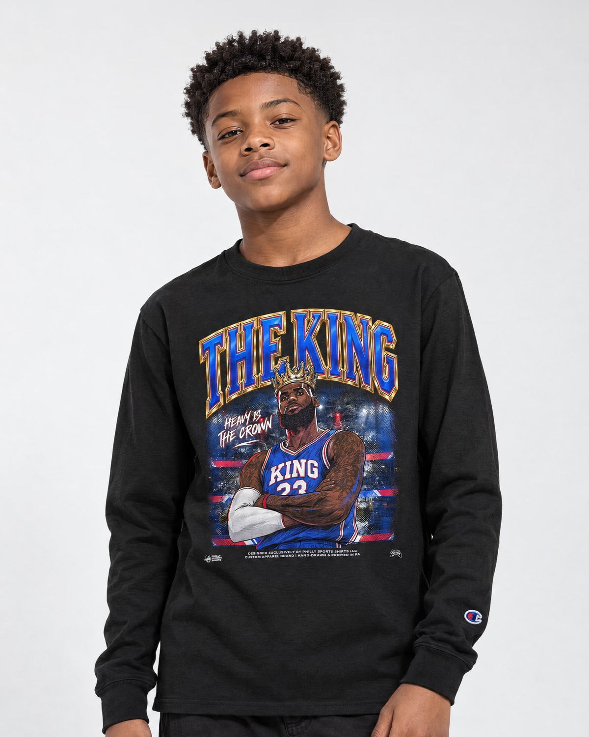 Model wearing the king lebron james long sleeve shirt by Philly Sports Shirts