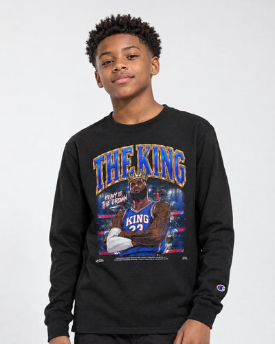 Model wearing the king lebron james long sleeve shirt by Philly Sports Shirts
