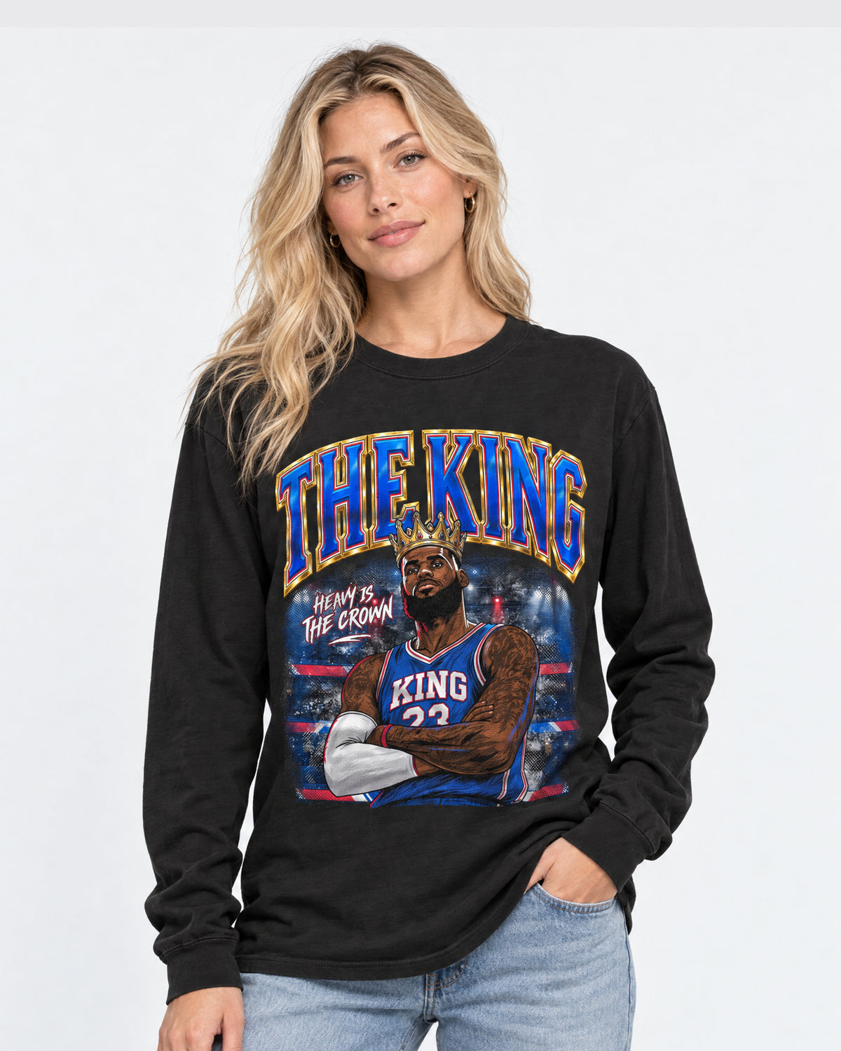 Female model wearing the lebron james the king long sleeve shirt by Philly Sports Shirts