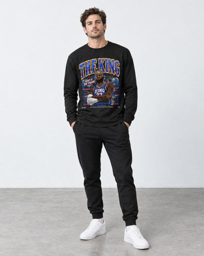 Model wearing the lebron james the king long sleeve shirt by Philly Sports Shirts