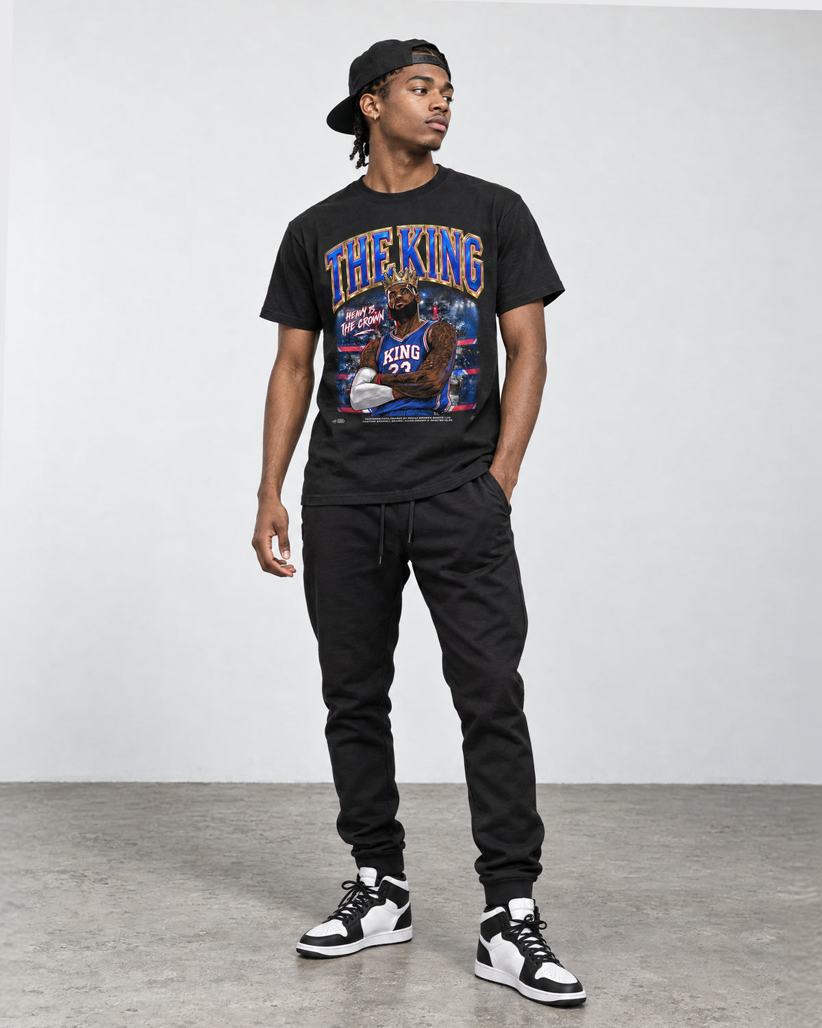 Model wearing lebron james the king shirt by Philly Sports Shirts