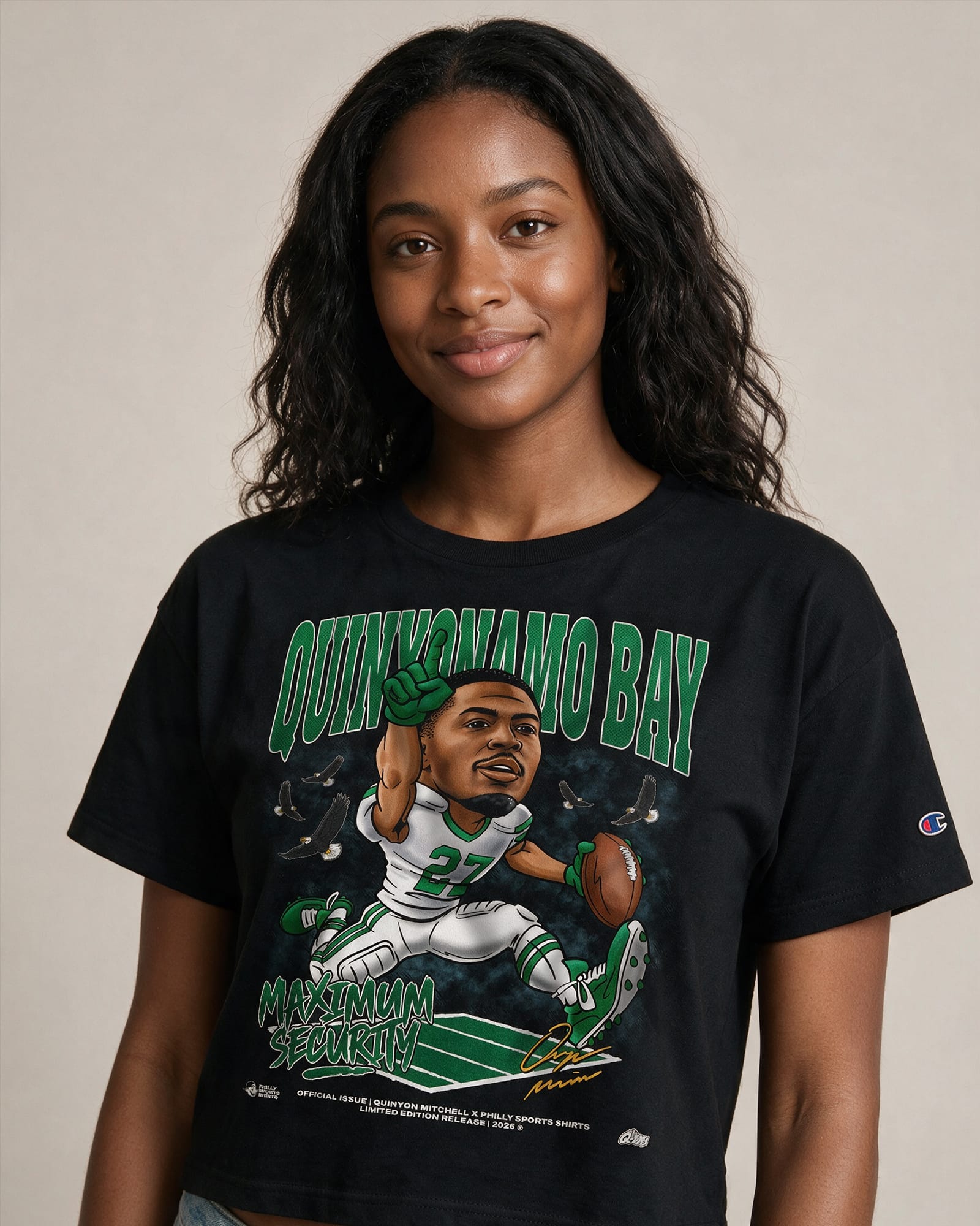 Women's Quinyonamo Bay Maximum Security Crop T-Shirt in Black Modeled