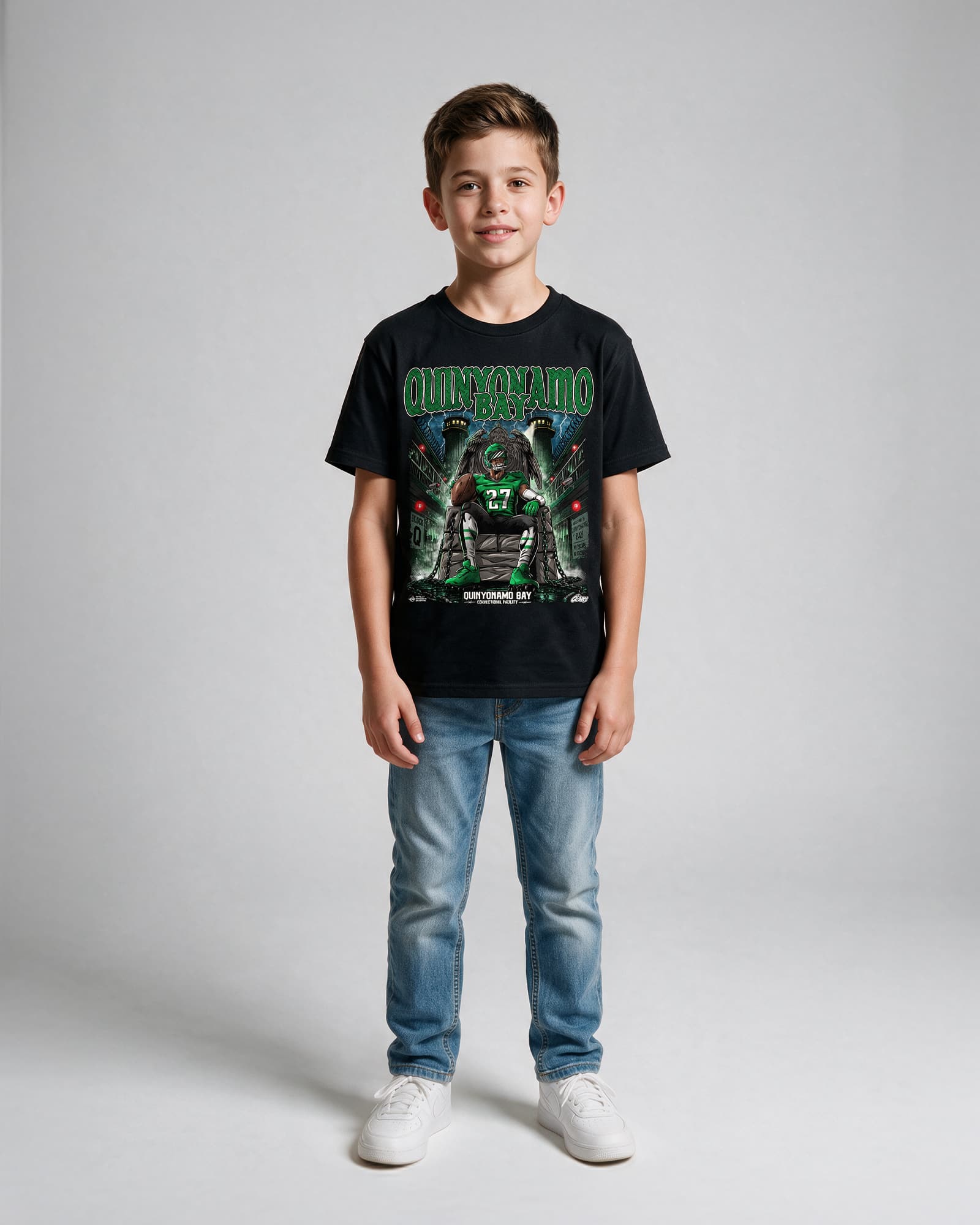 Kid wearing youth Quinyonamo Bay Shirt
