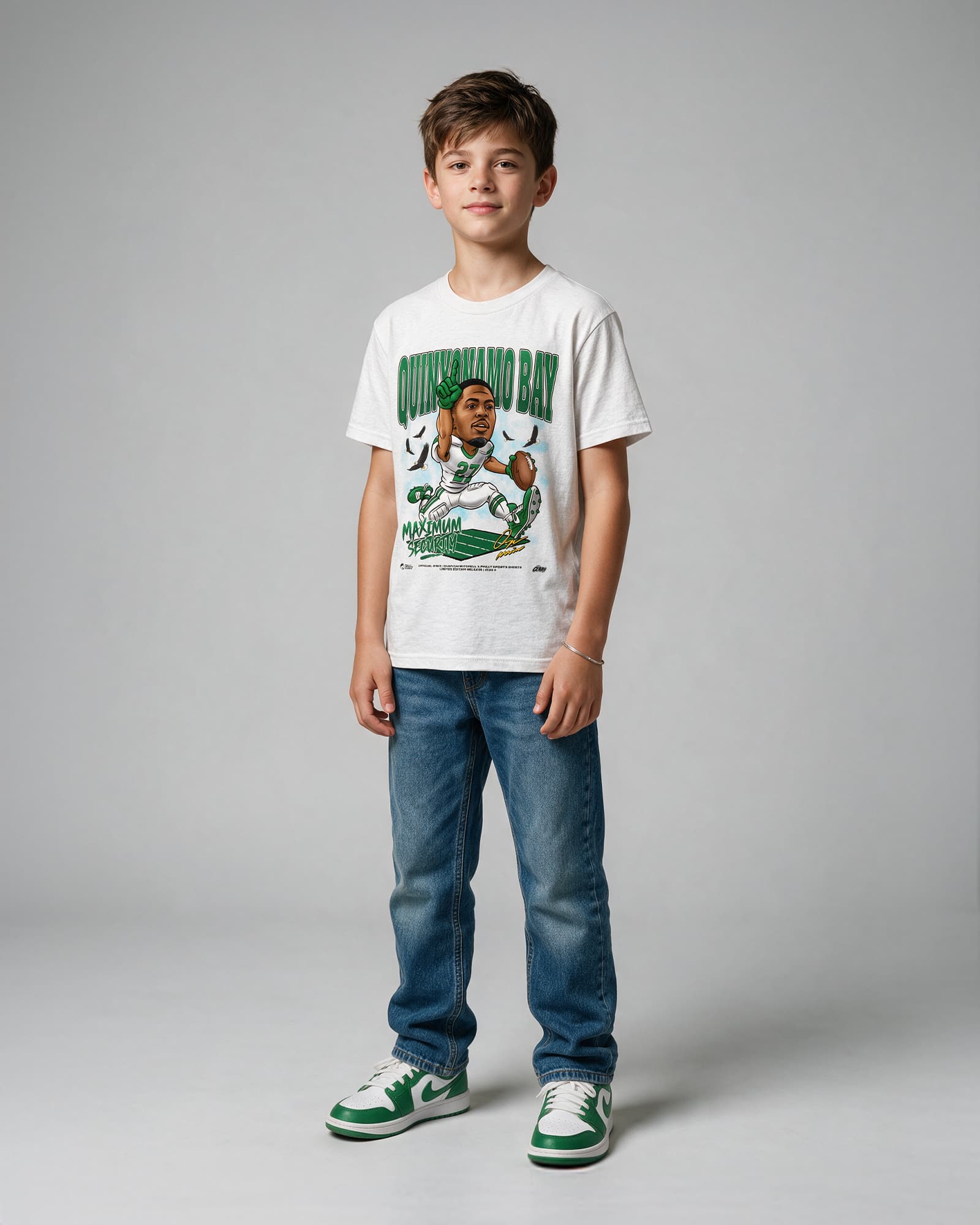 Kid wearing youth Quinyonamo Bay Maximum Security Eagles T-Shirt