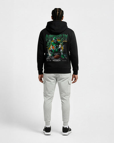 Model Wearing Quinyonamo Bay Hoodie Showing Back Artwork