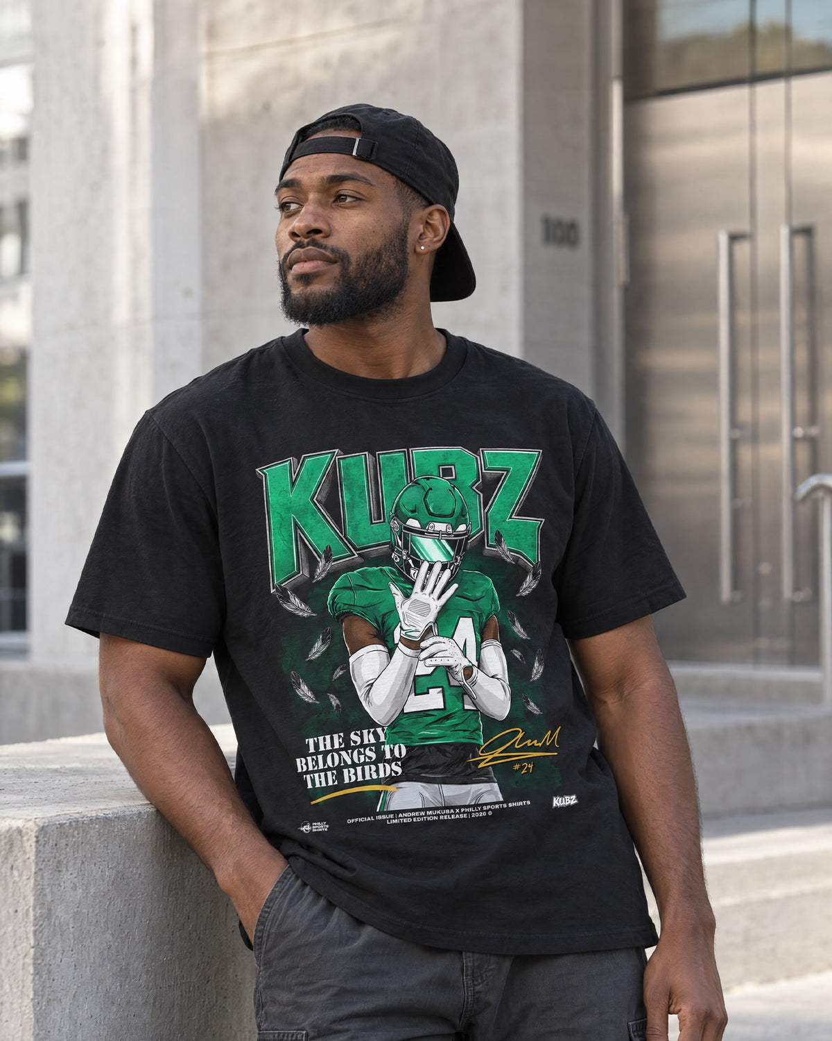 Model wearing Kubz Black T-Shirt by Philly Sports Shirts